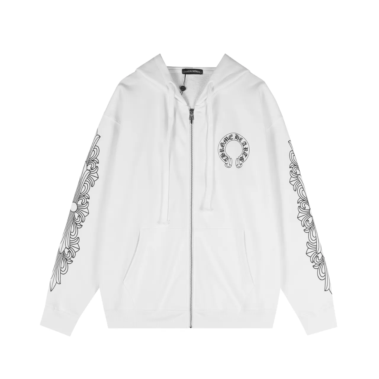 P310 Chrome Hearts Chrome Hearts Horseshoe Printed Hooded Cardigan Sweater Size: SMLXL Color: Black White